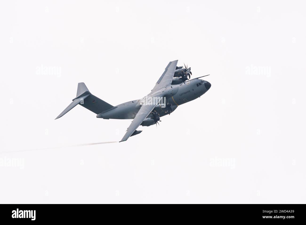 Luftwaffe A400M-180 Atlas airbus (Number 54 28) European four-engine turboprop military transport aircraft. Taking off and flying fast Stock Photo