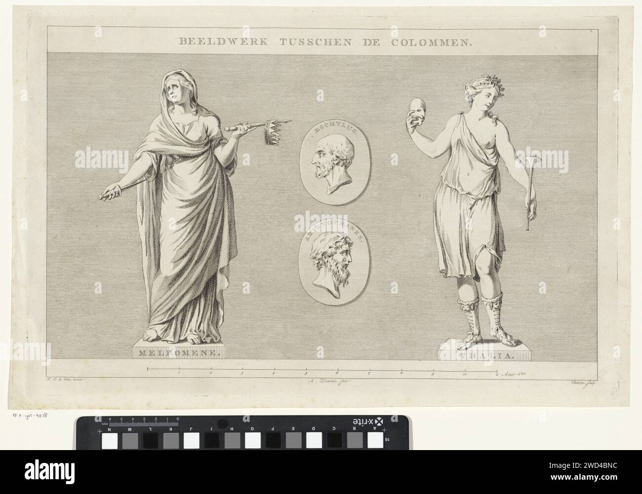 Images of the Schouwburg van Amsterdam, Reinier Vinkeles (I), After Jacob Eduard de Witte, 1774 print The muse of the Melpomene tragedy with dagger, skeptic and crown and the muse of the comedy, Thalia with mask and trumpet. Between them in two medallions with the images of the tragedy poet Aeschylus and the comedian Aristophanes. Amsterdam paper etching / engraving theatre (building). piece of sculpture, reproduction of a piece of sculpture. Thalia (one of the Muses); 'Talia' (Ripa). Melpomene (one of the Muses); 'Melpomene' (Ripa) Schouwburg Leidseplein (1774-1890). Amsterdam Stock Photo