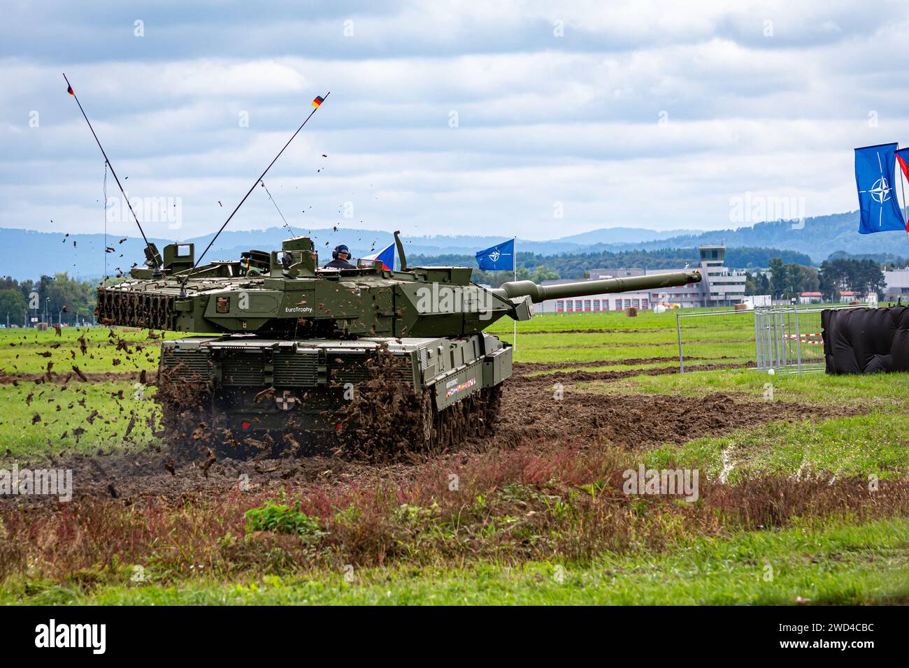 Leopard 2 Third generation German made main battle tank (MBT) - Euro trophy version driving on muddy field during an exercise in the Czech Republic. Stock Photo