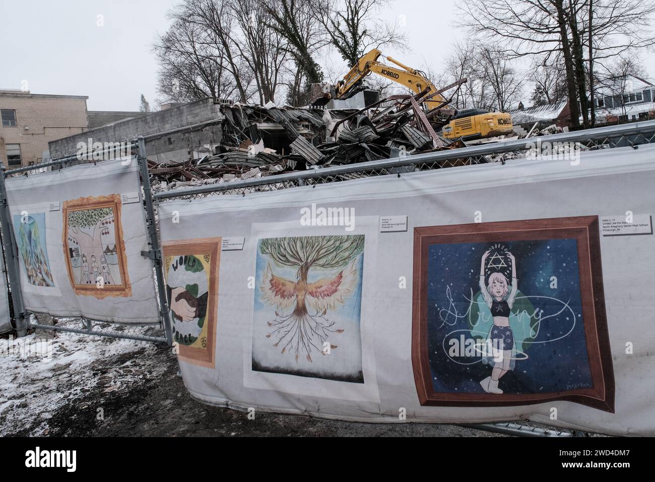 Pittsburgh, PA, USA. 18th Jan, 2024. Work begins for the demolition of Pittsburgh's Tree of Life Synagogue, the site of the deadliest anti-Semitic attack in U.S. history, where gunman Robert Bowers opened fire on Jewish worshippers killing 11 on 27th October, 2018. Bowers was found guilty in June 2023 on 63 federal charges and sentenced to death. 80% of the old building will be demolished for a new multipurpose Tree of Life facility and memorial that will be constructed in its place. Credit: Nir Alon/Alamy Live News Stock Photo