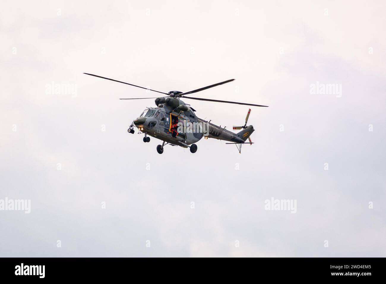 PZL W-3 Sokół Helicopter operated by the Czech air force (Vzdušné síly) performing a rescue mission drill in Ostrava. Helicopter evacuates people Stock Photo