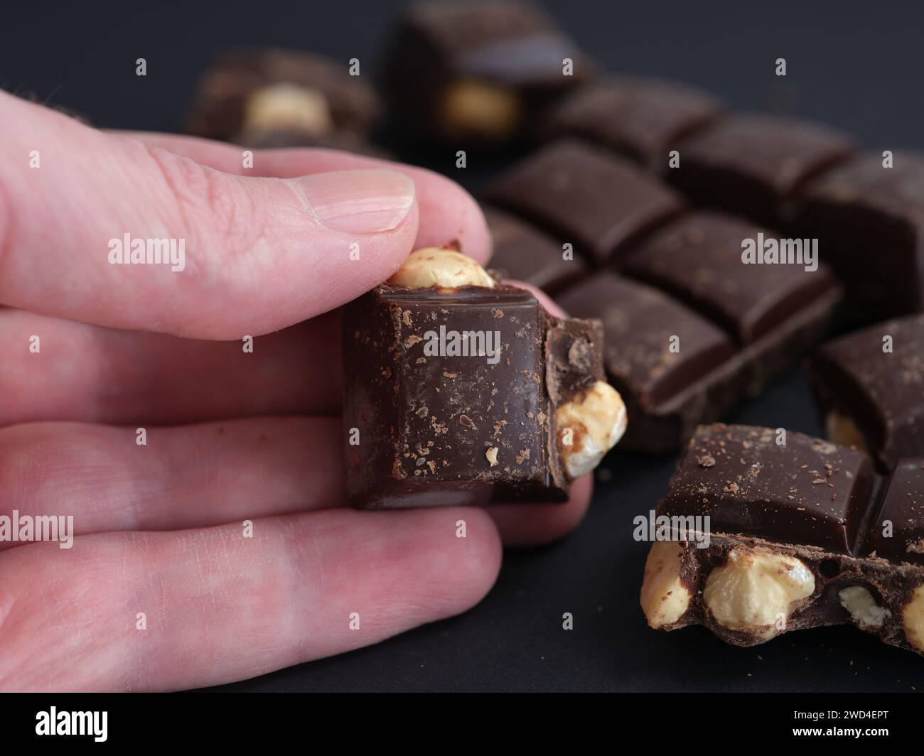 A man holding a piece of dark chocolate with hazelnuts in his hand. Close up. Stock Photo