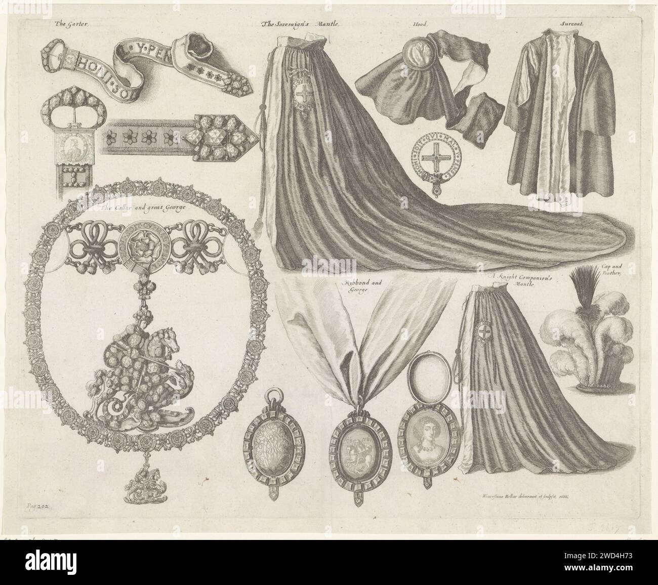 Insignes of the Order of the Garter, Wenceslaus Hollar, 1666 print Print at the bottom left mark: page: 202. London paper etching knighthood order (GARTER). clothing ( knighting ceremony) Stock Photo