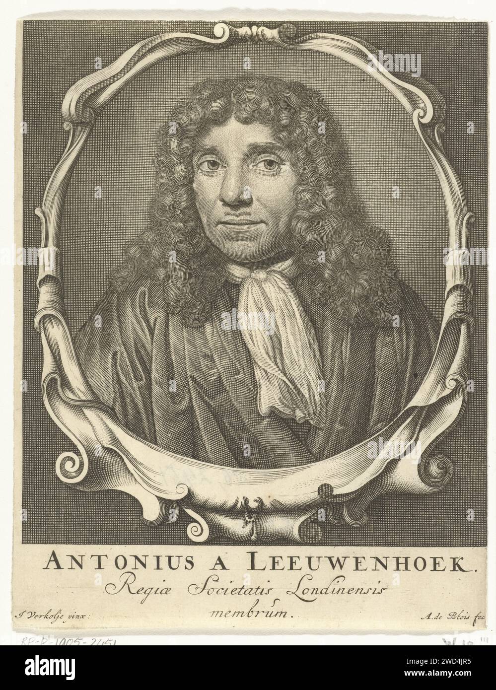 Portrait of Antonie van Leeuwenhoek, Abraham de Blois, after Jan Verkolje, 1679 - 1717 print Portrait of Antonie van Leeuwenhoek, bust in oval frame with curly ornaments. Amsterdam paper engraving Stock Photo