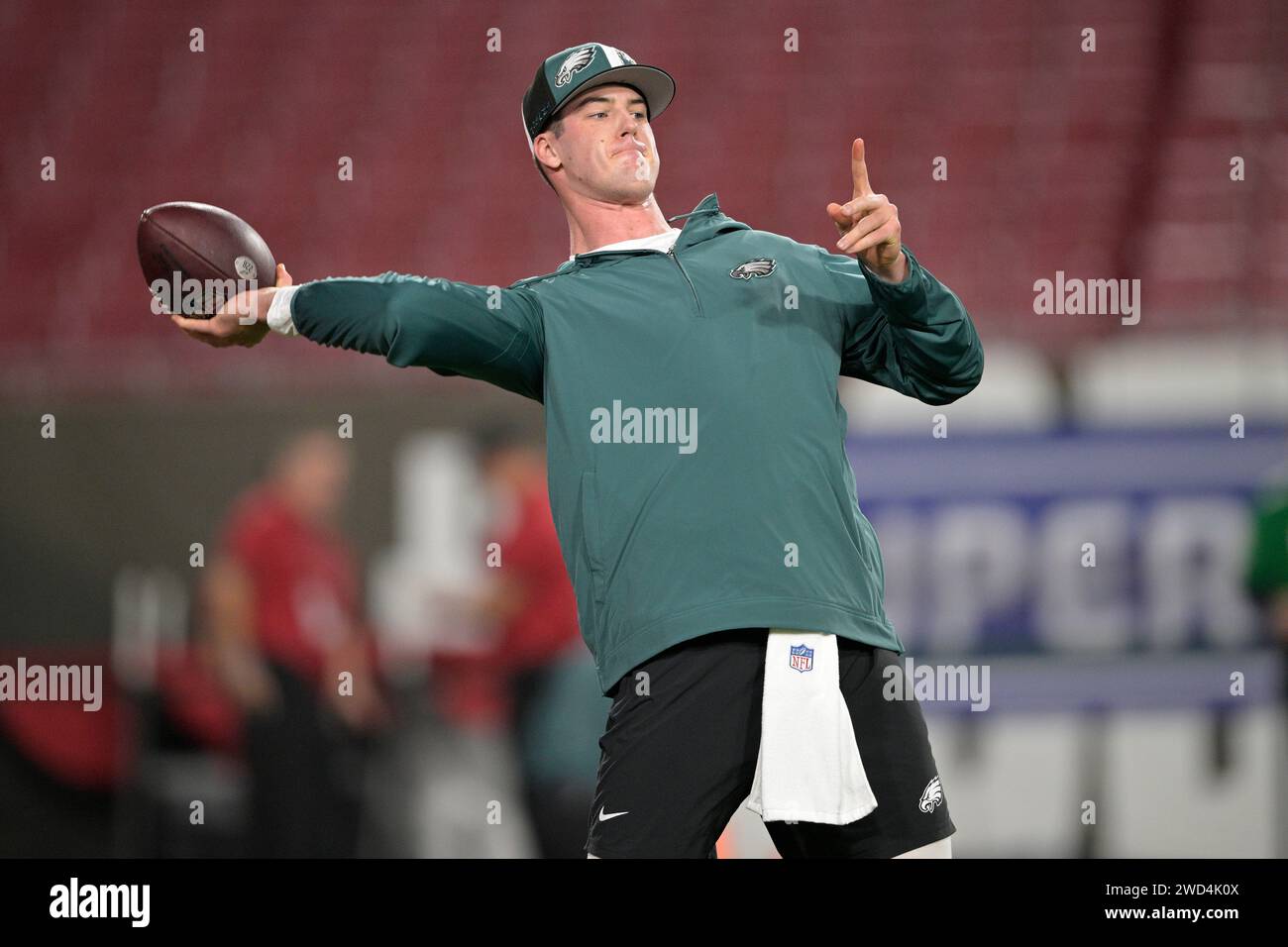 Philadelphia Eagles quarterback Tanner McKee throws before an NFL wild