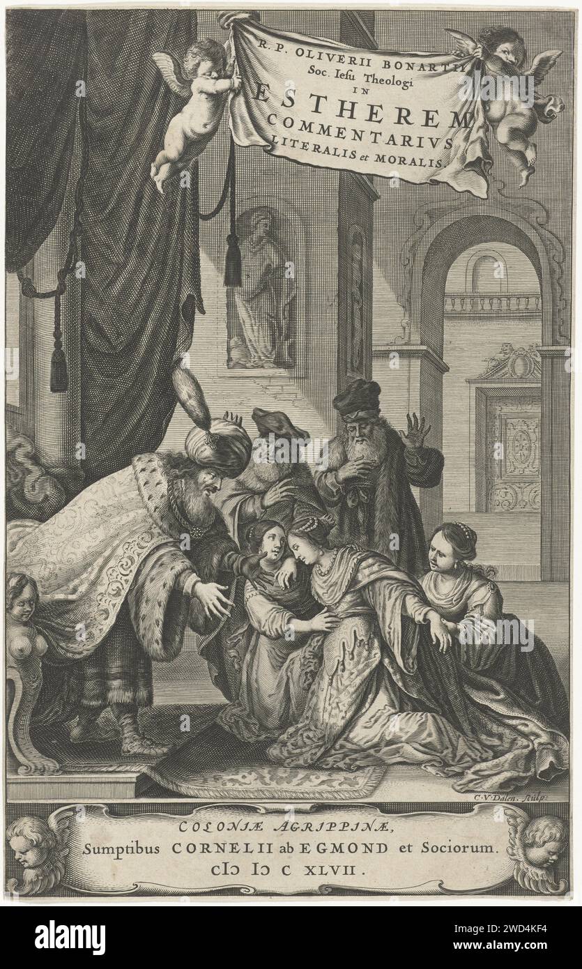 Ester is introduced to King Ahasveros, Cornelis van Dalen (I), 1647 print   paper engraving Esther is presented to King Ahasuerus Stock Photo