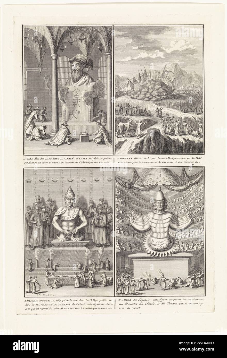 Gods and customs in China and Japan, Bernard Picart (workshop or), After Bernard Picart, 1728 print Leaf with four performances of Buddhist gods, Confusius and customs in China. At the top left: image of Han, king of the people Tangut. A lama or priest kneels for him. At the top right: Lama's praying at flags in the mountains. Bottom left: image and worship of Confusius. Bottom right: the Japanese god Amida. Amsterdam paper etching / engraving conceptions and ideas visualized  traditional Chinese religions. representations  gods, demi-gods, heroes, etc. (traditional Chinese religions) Stock Photo
