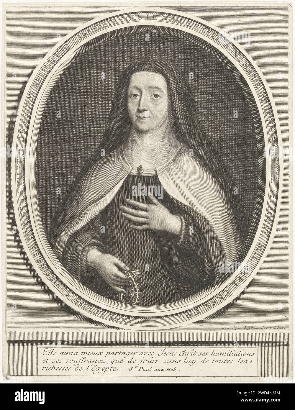 Portret van Anne-Louise-Christine de Foix de la Valette d'Epernon, Gerard Edelinck, 1652-1707 print Portrait of Karmelietes Sister Anne-Louise-Christine de Foix de la Valette d'Epernon (1622-1701). Displayed with thorns in the right hand, in oval frame with text, including three lines of Latin. France (possibly) paper engraving Stock Photo