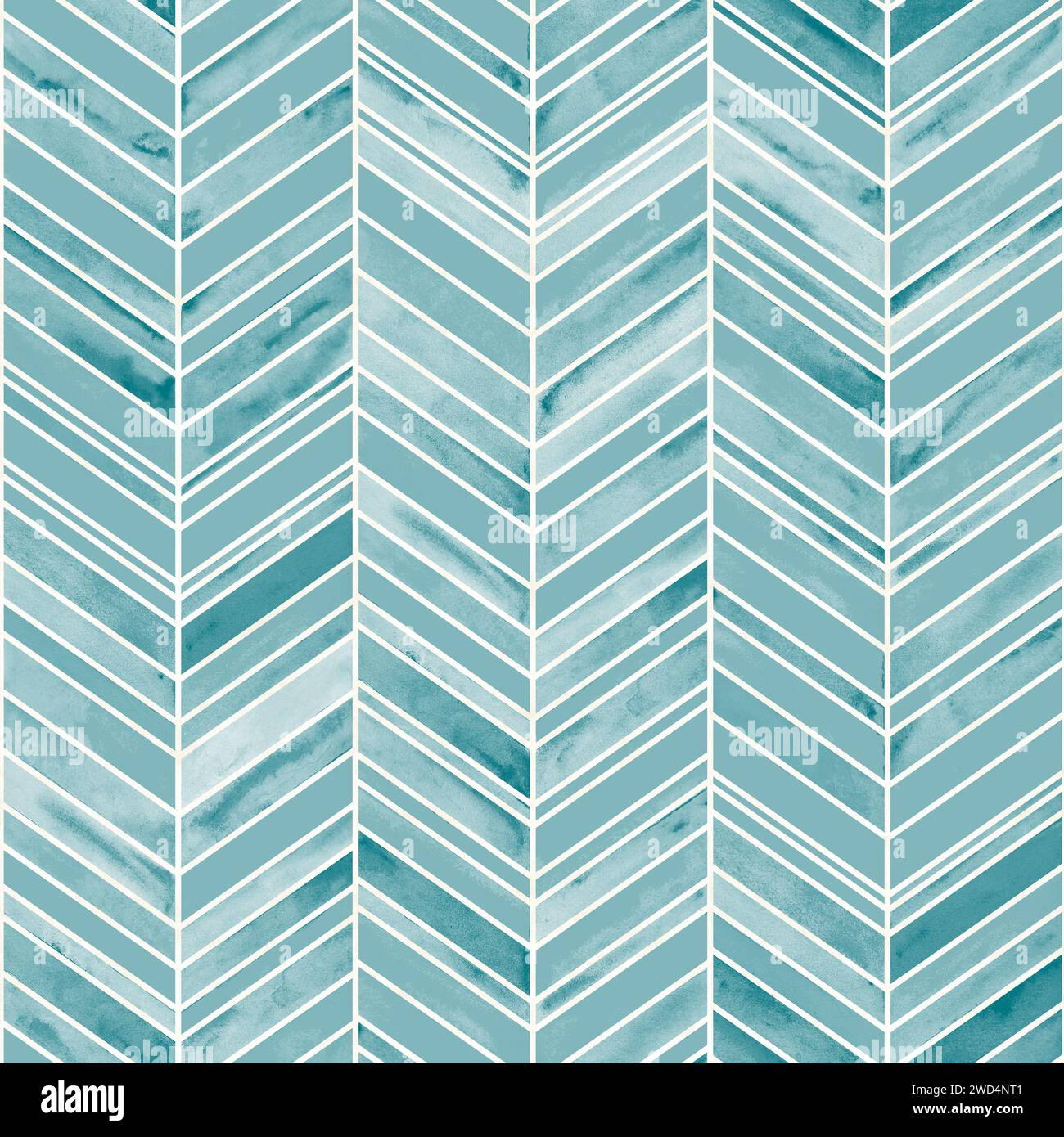 Abstract watercolor holiday chevron background. Hand drawn teal blue color brushstrokes seamless pattern. Watercolour geometric texture. Print for tex Stock Photo