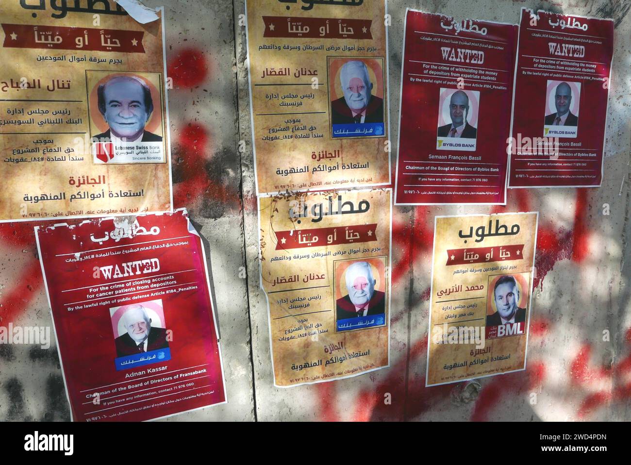 Beirut, Lebanon. 18th Jan, 2024. Posters against the abuses of bankers