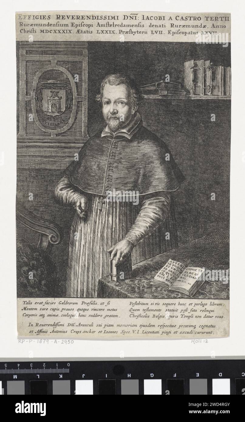 Portrait of Jacobus à Castro, Abraham Dircksz. Santvoort, 1634 print Portrait to the left of Jacobus à Castro, third bishop of Roermond. He stands between a table and a chair in a study. His left hand rests on a closed book. There is an open book on the table. At the rear left a weapon on the wall, crowned with a cardinal hat. Rear back on a shelf. Above the performance a three -lide, Latin text with the name of the person portrayed, his function, year of death and age. Under the performance a six -line, Latin text and a two -line assignment to the cousins of the portrayed person in Latin. pri Stock Photo