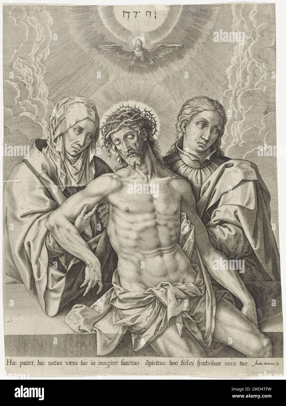 Maria and John the deceased Christ, Antonie Wierix (II), 1565 - Before 1604 print The body of the deceased Christ is supported by Mary and John. They ween for his death. Above the head of Christ the Holy Spirit in the form of a pigeon and the tetragram as a symbol of God the Father. In the margin a caption in Latin. Antwerp paper engraving Christ's body supported. the Holy Trinity, 'Trinitas coelestis'; Father, Son and Holy Ghost  Christian religion. Holy Ghost represented as a dove (in flames). tetragram (in Roman or Hebrew script)  symbol of God the Father Stock Photo