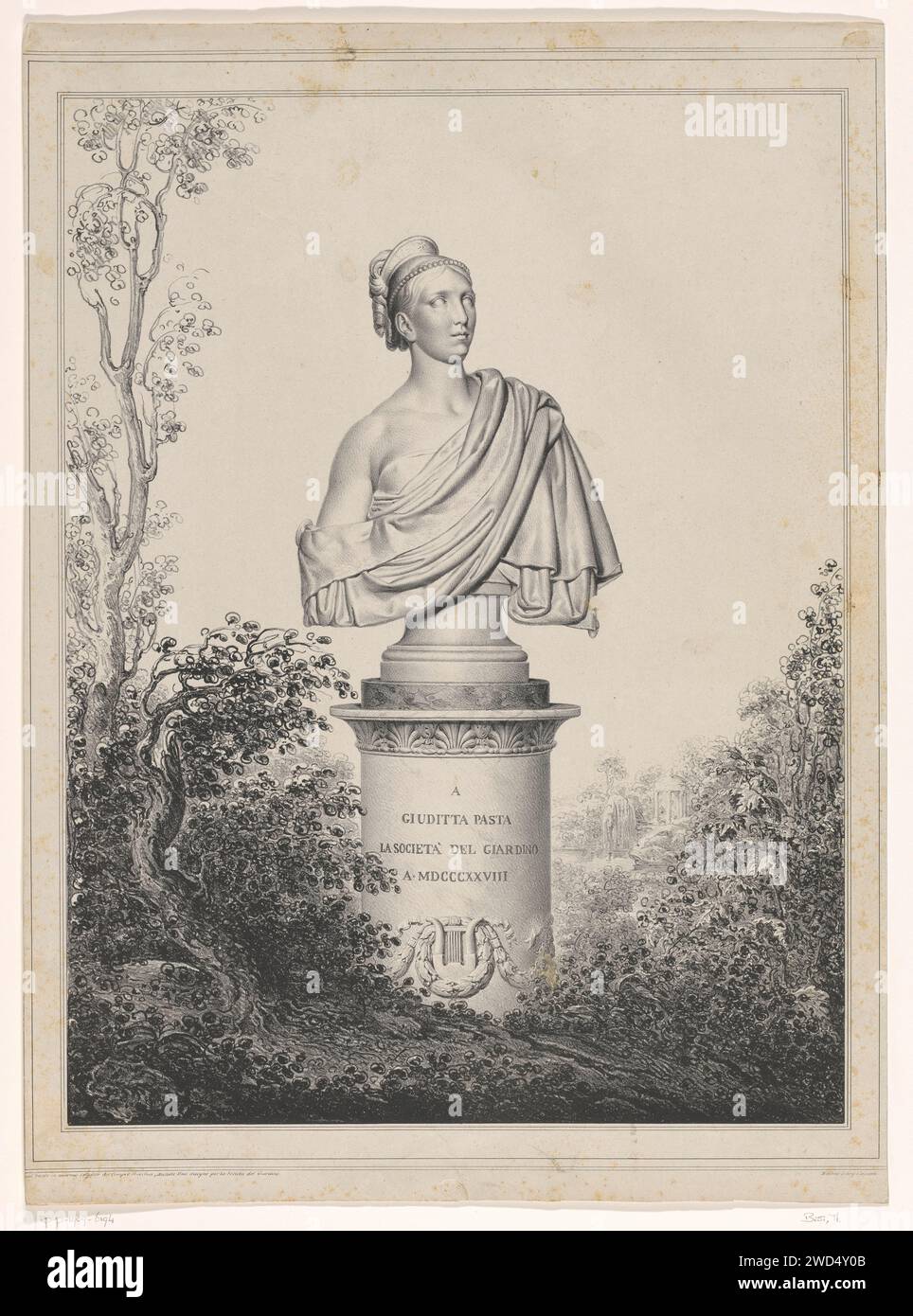 Burial monument of opera singer Giuditta Pasta, Michele Bisi, 1798 - 1874 print Landscape with the grave monument for opera singer Giuditta Pasta. The monument consists of a basement with a portrait bust from Giuditta Pasta. Print Maker: Italy Printer: Milan paper  monument, statue. grave, tomb Stock Photo