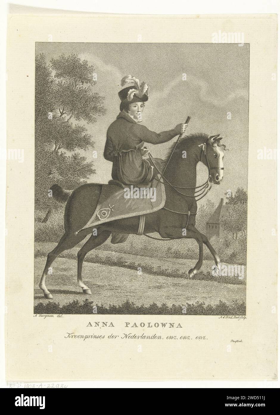 Portrait of Queen Anna Paulowna Romanowa on horseback, Antonie and Pieter van der Beek, after A. Bergman, 1795 - 1821 print   paper etching equestrian state-portrait Stock Photo