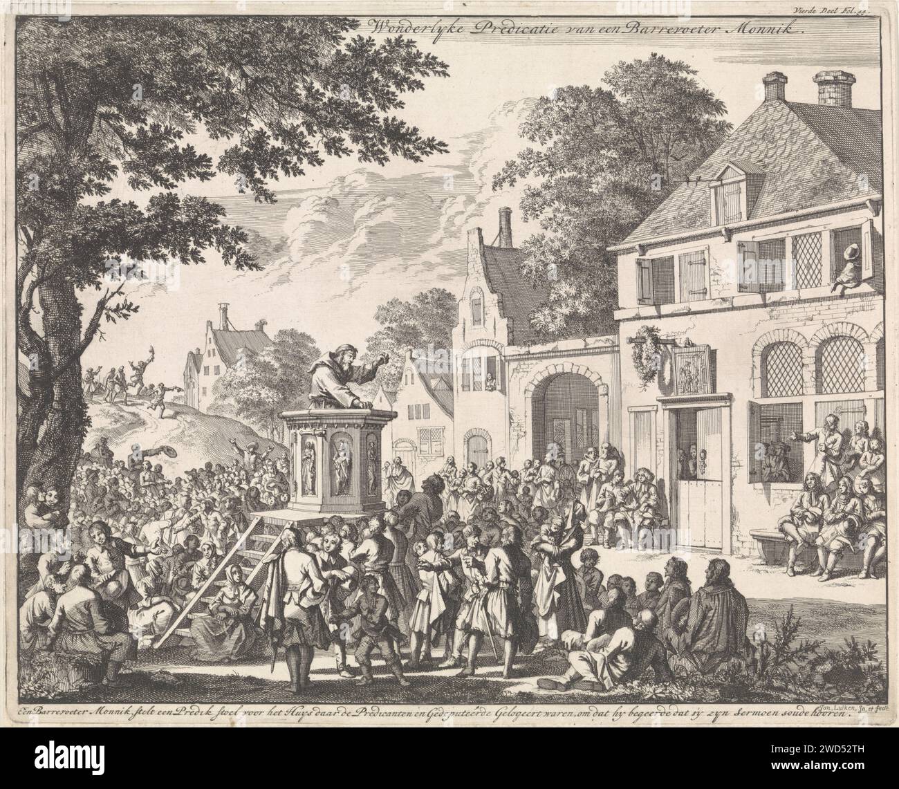 Monnik preaching from a pulpit opposite an inn, Jan Luyken, 1696 print Print at the top right marked: Fourth part fol. 44. Amsterdam paper etching monk(s), friar(s). sermon  Protestant service - QQ - field conventicle, hedge sermon. hotel, hostelry, inn Stock Photo