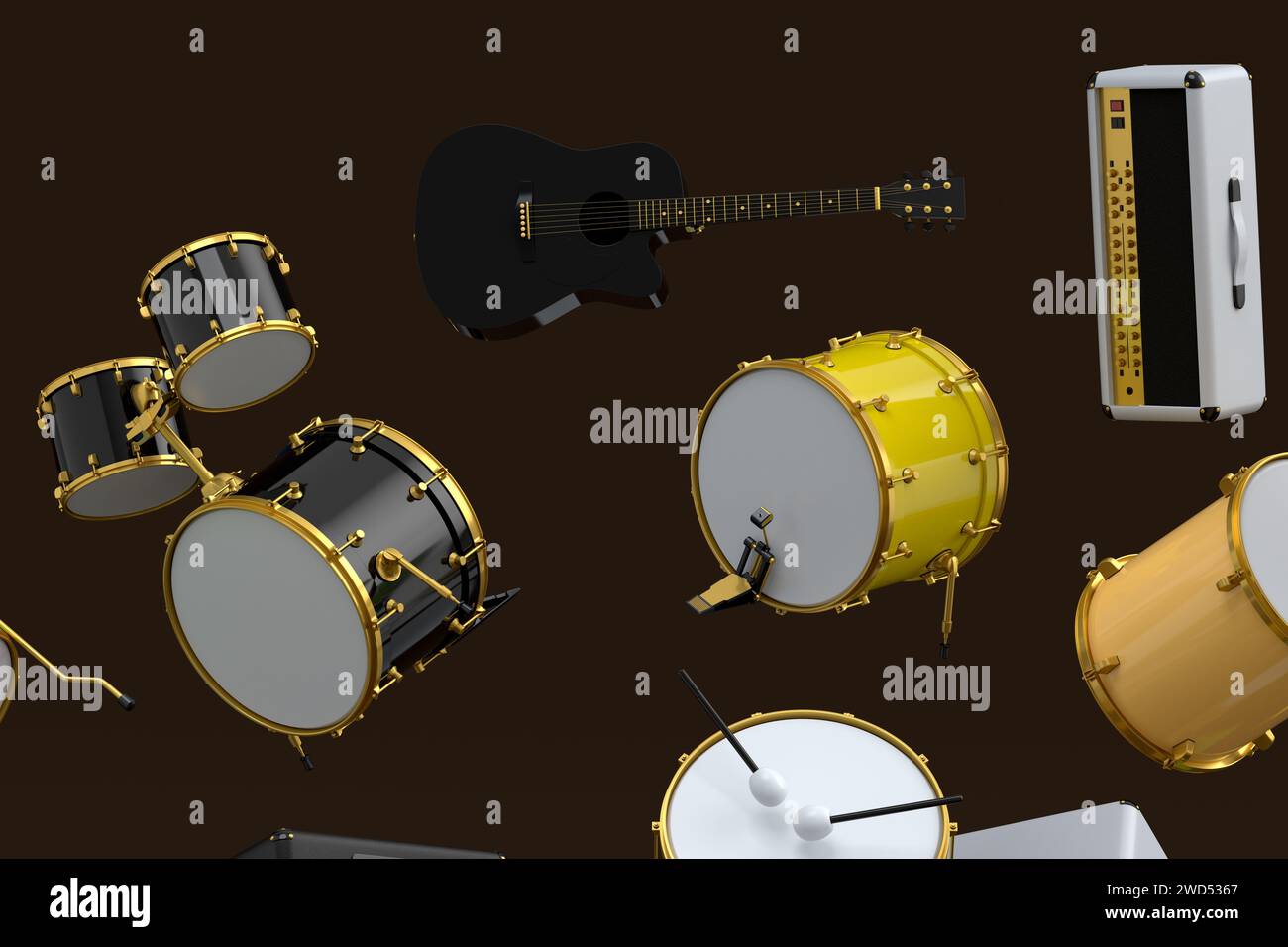 Many of flying acoustic guitars, drums with metal cymbals or drumset