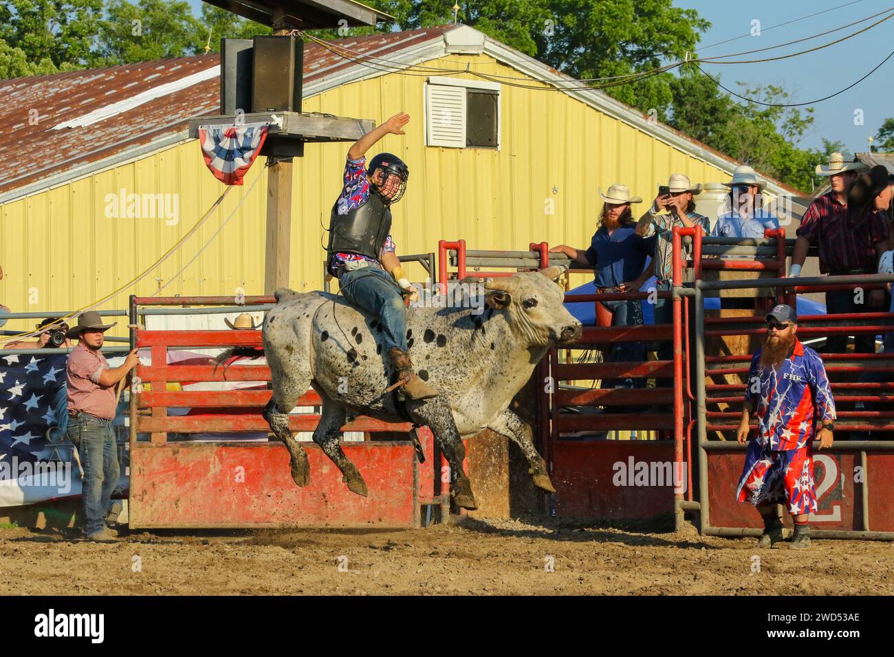 Riding high. Small town weekly Bull Riding as a sport. Fox Hollow Rodeo. Waynesville, Dayton, Ohio, USA. Stock Photo