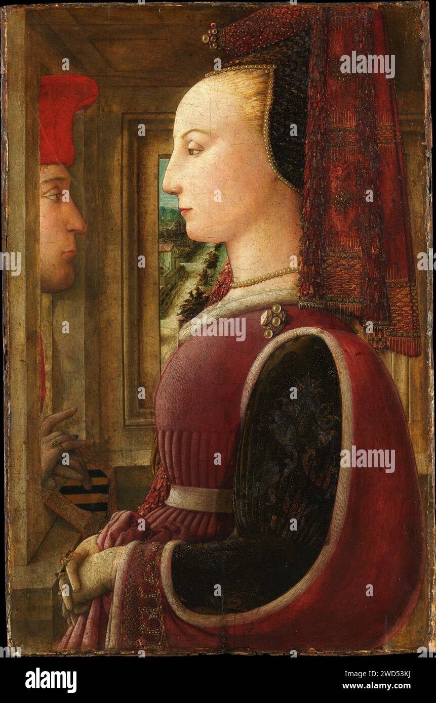 Portrait of a Woman with a Man at a Casement.  Fra Filippo Lippi. ca. 1440. Stock Photo