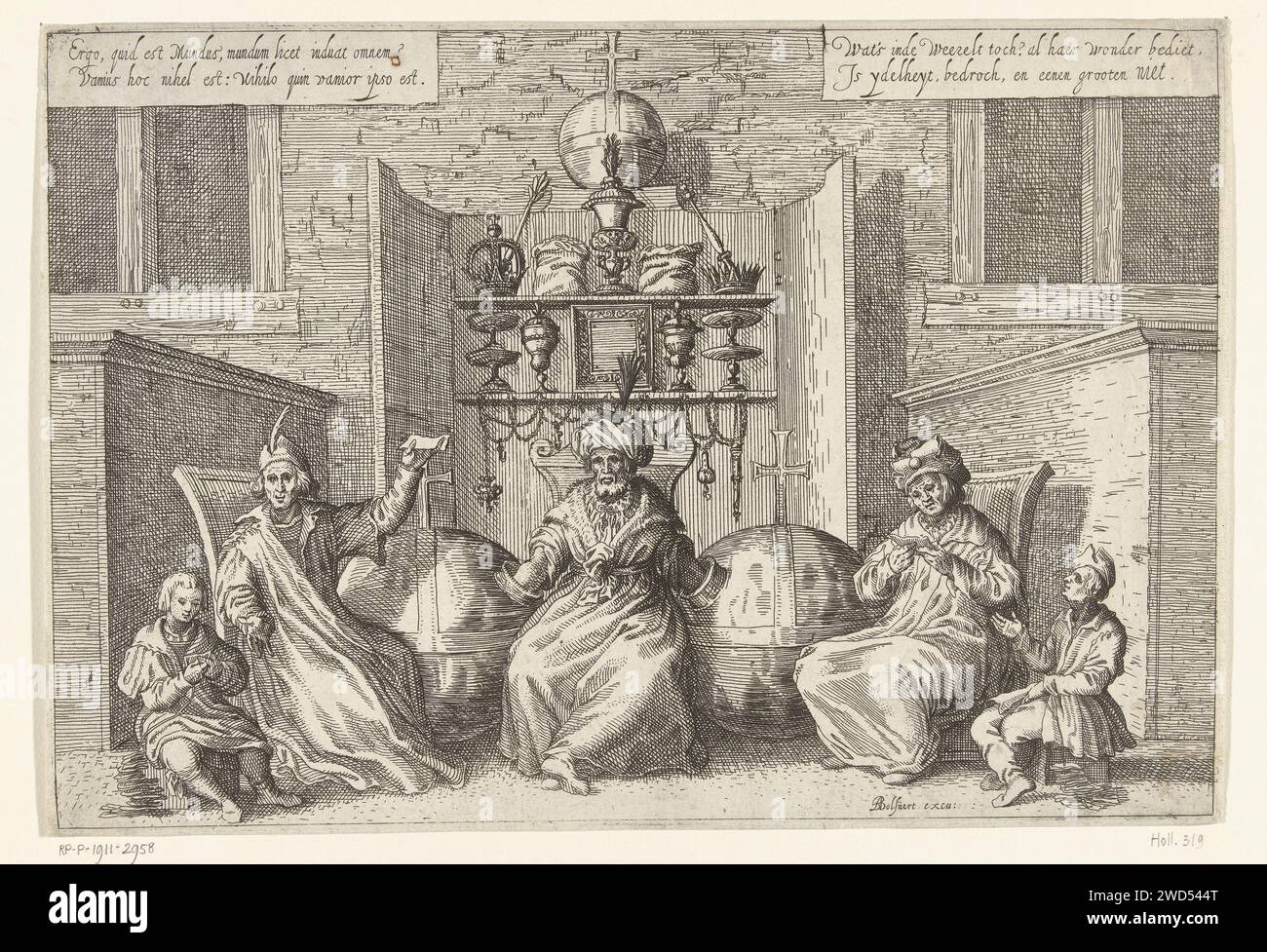 Man pulls lottery tickets from two globes and handles them to two powerful men, Boëtius Adamsz. Bolswert, After Unknown, 1590 - 1633 print Possible allegory on vanity. A man or king is between two globes and puts his arms in the bulbs to draw lots. Two rich and powerful men are on either side awaiting the fate they are assigned.  paper etching scenes symbolizing 'Vanitas'. raffle, lottery Stock Photo