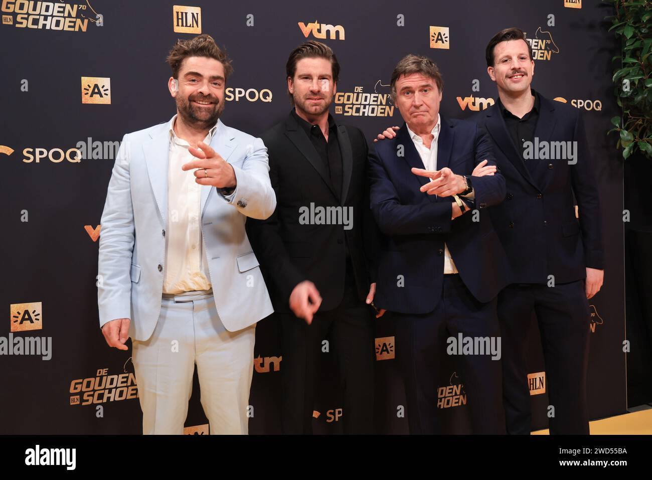 Antwerp, Belgium. 18th Jan, 2024. Pedro Elias, Kevin Janssens, Erik Van Looy and X pictured during the 70 th men edition of the Goldens Shoe Award ceremony and the 8 th Women's edition. The Golden Shoe, Gouden Schoen, Soulier d'Or is an award for the best soccer player of the Belgian Jupiler Pro League championship during the year 2023. The female award is for the best Belgian female player of 2023. On Thursday 18 January 2024 in Antwerp, BELGIUM . (Photo by Frank Abbeloos & Stijn Audooren/Isosport) Credit: sportpix/Alamy Live News Stock Photo