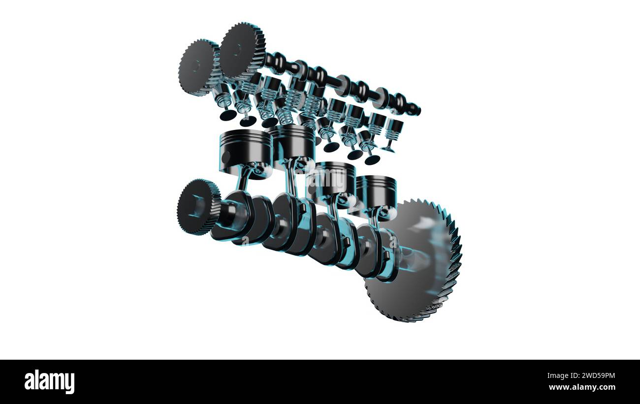 Close up detailed fully textured 3D render over white background of diesel motor with pistons