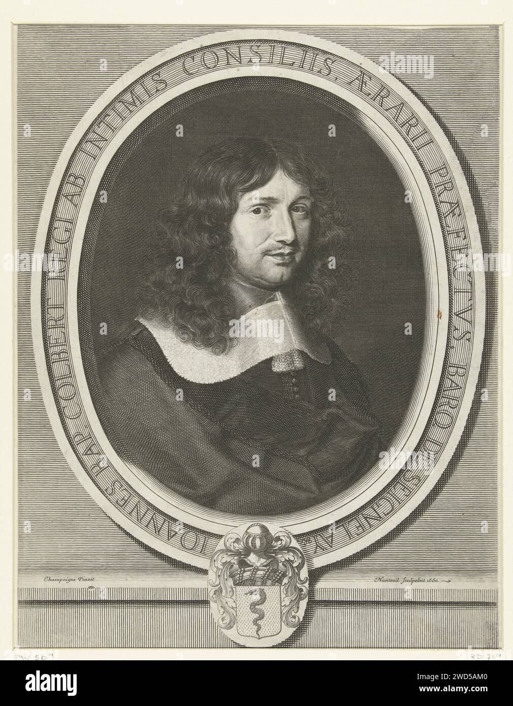 Portret van Jean-Baptiste Colbert, Robert Nanteuil, after Philippe de Champaigne, 1660 print Portrait of Jean-Baptiste Colbert, Marquis van Seignelay, three-quarters to the right, in an oval frame with text. At the bottom of a coat of arms. France paper engraving Stock Photo