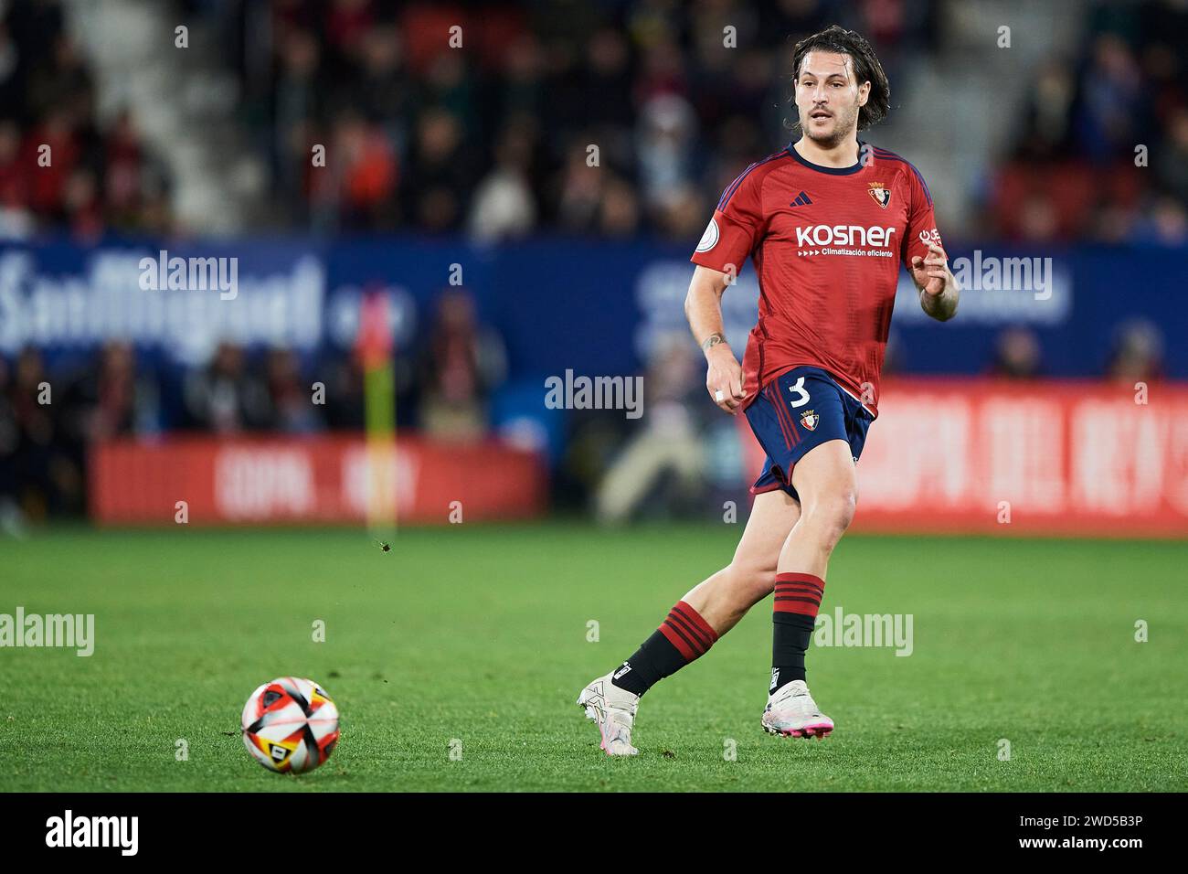 Juan Cruz of CA Osasuna in action during the Copa El Rey match between CA Osasuna and Real Sociedad at El Sadar Stadium on January 17, 2024 in Pamplon Stock Photo