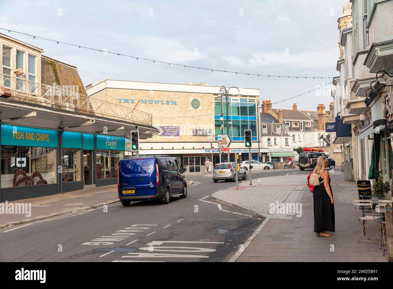 Swanage town centre with the Mowlem theatre and Harlees fish and chips shop,Dorset, England,UK,2023 Stock Photo