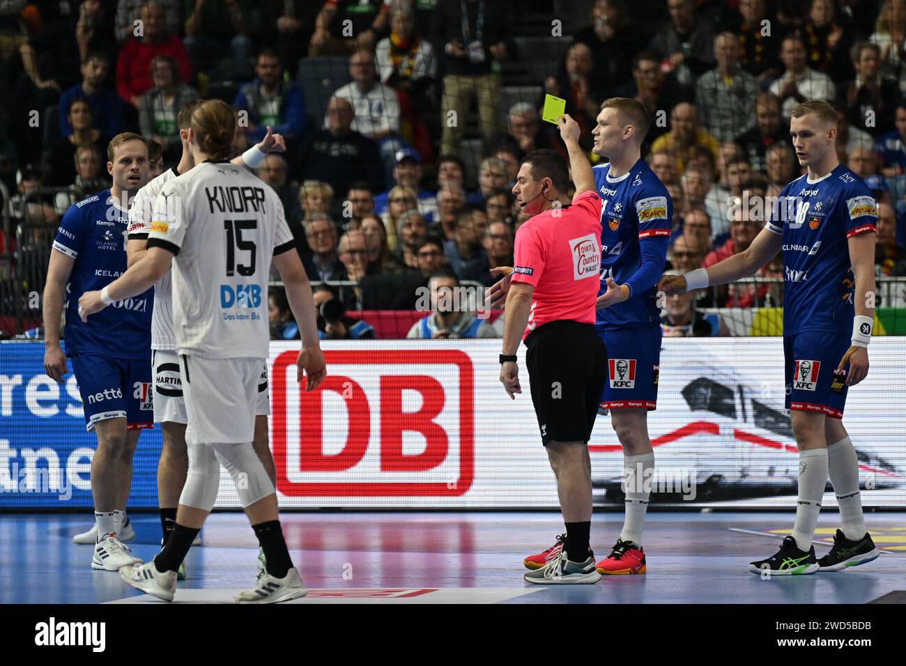 Cologne, Germany. 18th Jan, 2024. Yellow Card for for Johannes Golla (Germany) during the Menâ&#x80;&#x99;s EHF Euro 2024 match between Germany vs. Iceland at the Lanxess Arena in Berlin, Cologne Credit: Independent Photo Agency/Alamy Live News Stock Photo