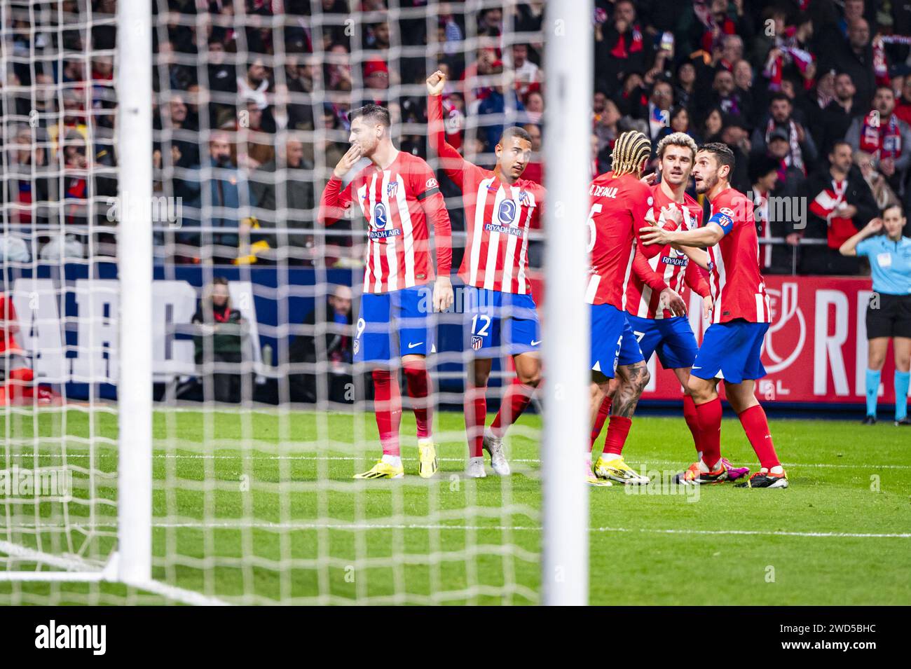 Madrid, Spain. 18th Jan, 2024. Alvaro Morata of Atletico Madrid seen celebrating his goal with his teammates during the football match valid for the round of 16 of the Copa del Rey tournament between Atletico Madrid and Real Madrid played at Estadio Metropolitano in Madrid, Spain. Credit: Independent Photo Agency/Alamy Live News Stock Photo