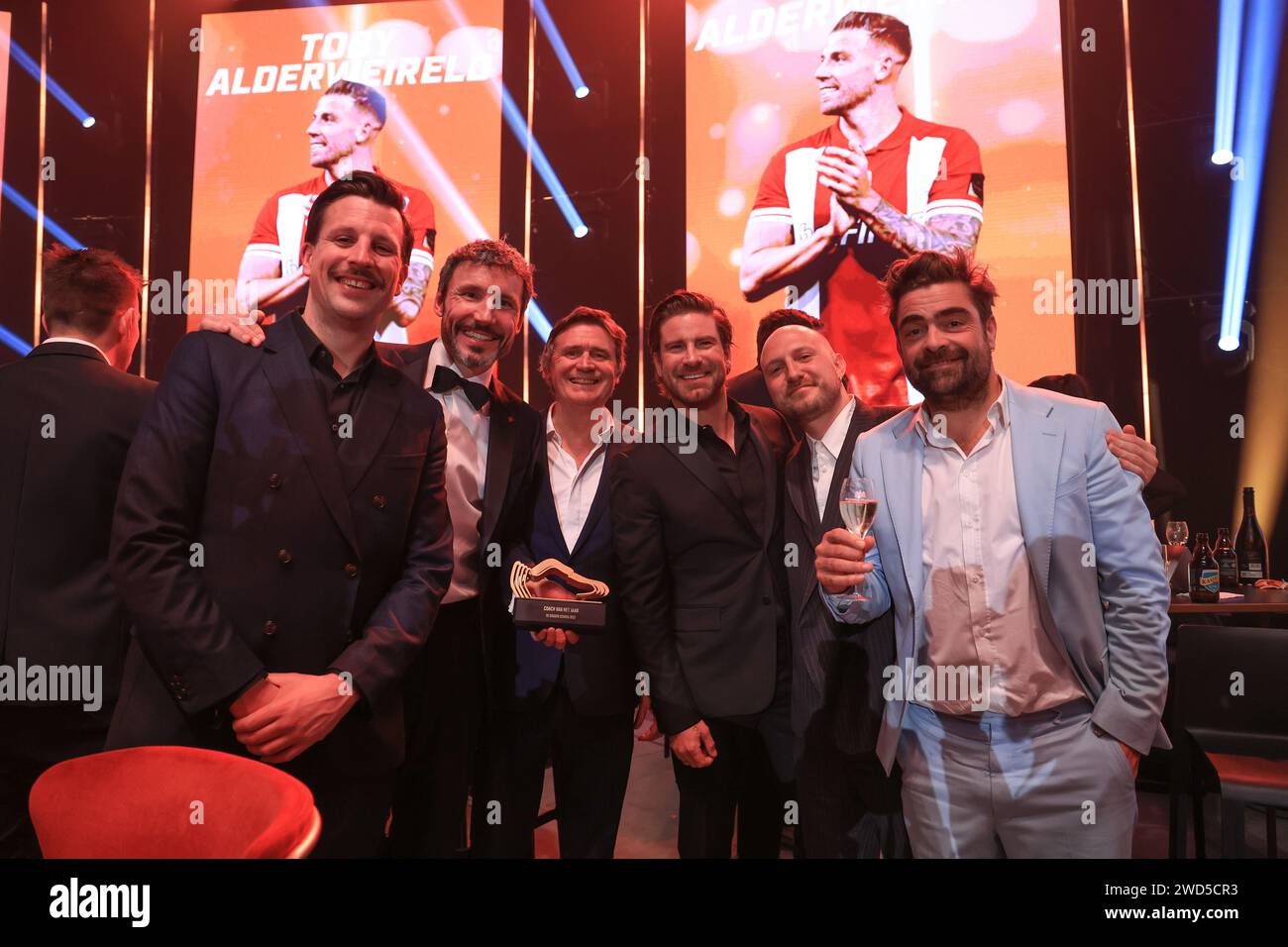 Antwerp, Belgium. 18th Jan, 2024. Jo Laureys, Mark Van Bommel, Erik Van Looy, Kevin Janssens, x and Pedro Elias pictured during the 70 th men edition of the Goldens Shoe Award ceremony and the 8 th Women's edition. The Golden Shoe, Gouden Schoen, Soulier d'Or is an award for the best soccer player of the Belgian Jupiler Pro League championship during the year 2023. The female award is for the best Belgian female player of 2023. On Thursday 18 January 2024 in Antwerp, BELGIUM . (Photo by Frank Abbeloos & Stijn Audooren/Isosport) Credit: sportpix/Alamy Live News Stock Photo