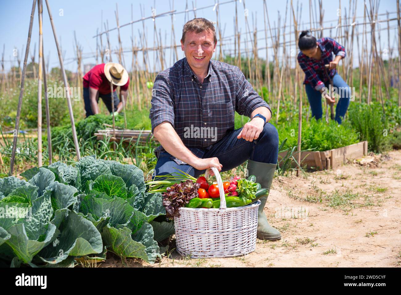Happy farmer with basket of vegetables in the garden Stock Photo - Alamy