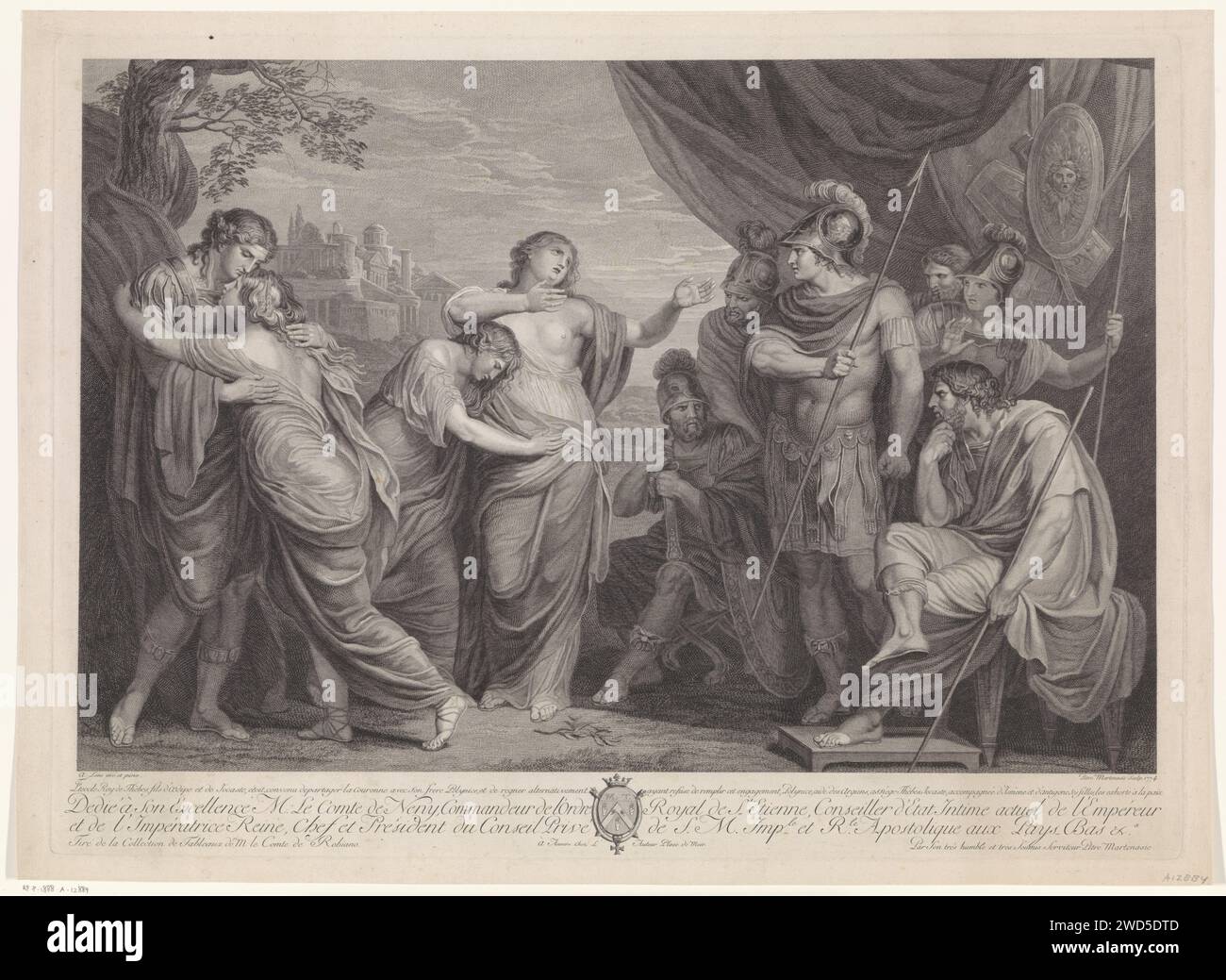 Eteocles and Polynories, admonished by their mother Jocaste to Peace, Pieter Franciscus Martenasie, After Andries Lens, 1774 print Jocaste, spread with the arms, accompanied by her daughters Antigone and Ismene, begs Eteocles and Polynories for peace. On the right Polynes with a helmet on and a spear in the right hand. Left Eteocles. Antwerp paper etching / engraving prelude to the war against Thebes Stock Photo