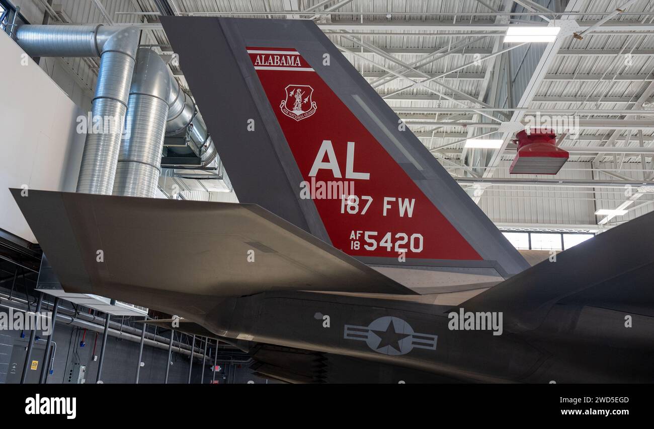 An F-35A Lightning II from the 187th Fighter Wing showcases heritage tail flash at Dannelly Field, Ala., January 12, 2024. The blackboard of the F-35 was painted to honor the Tuskegee Airmen, Red Tails and their new-build aircraft deliveries from Lockheed Martin’s assembly line will begin later in 2024. Stock Photo