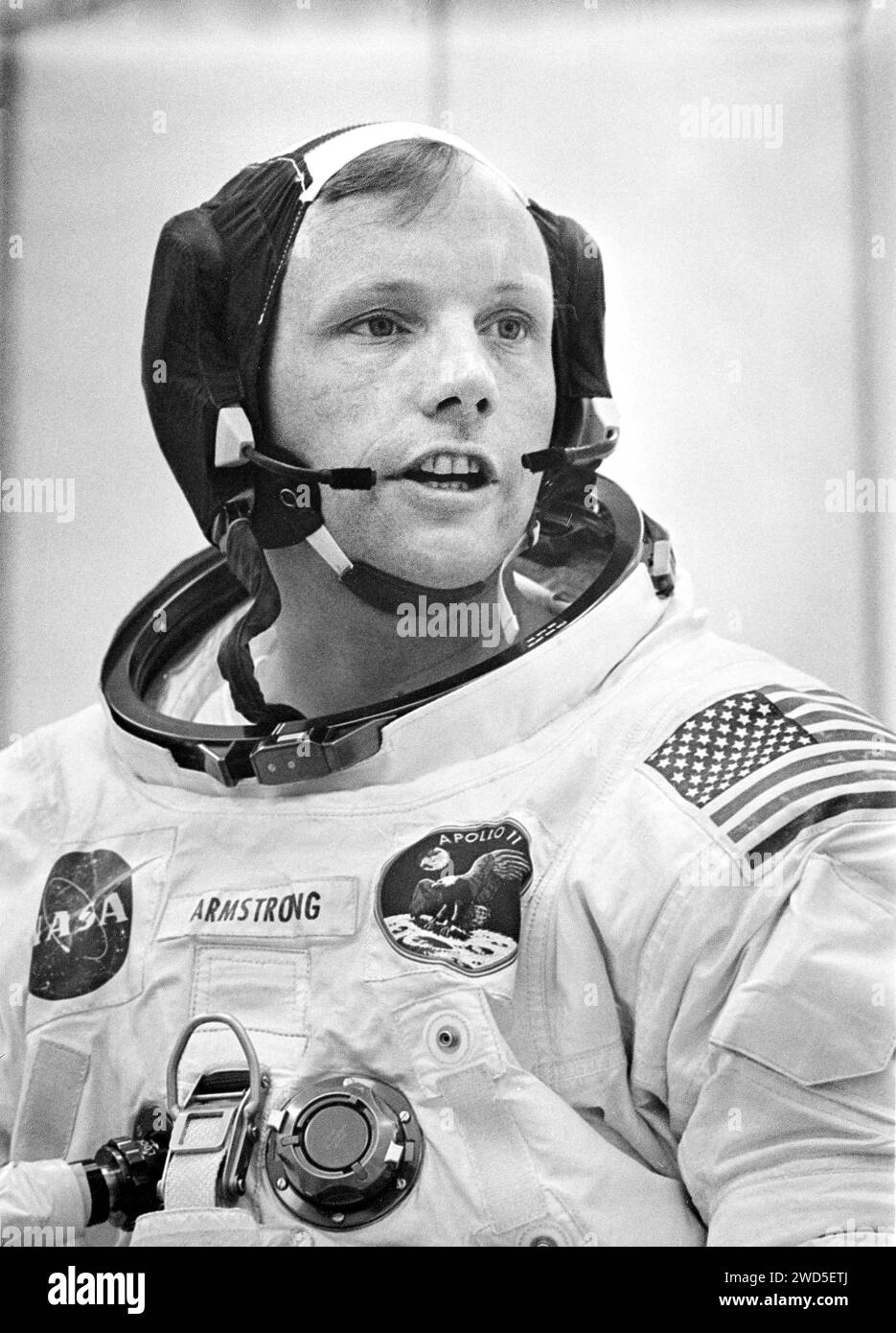 Mission commander Neil A. Armstrong conducting final check of his communications system before boarding of the Apollo 11 mission, the first manned lunar mission, Kennedy Space Center, Florida, USA, NASA, July 16, 1969 Stock Photo