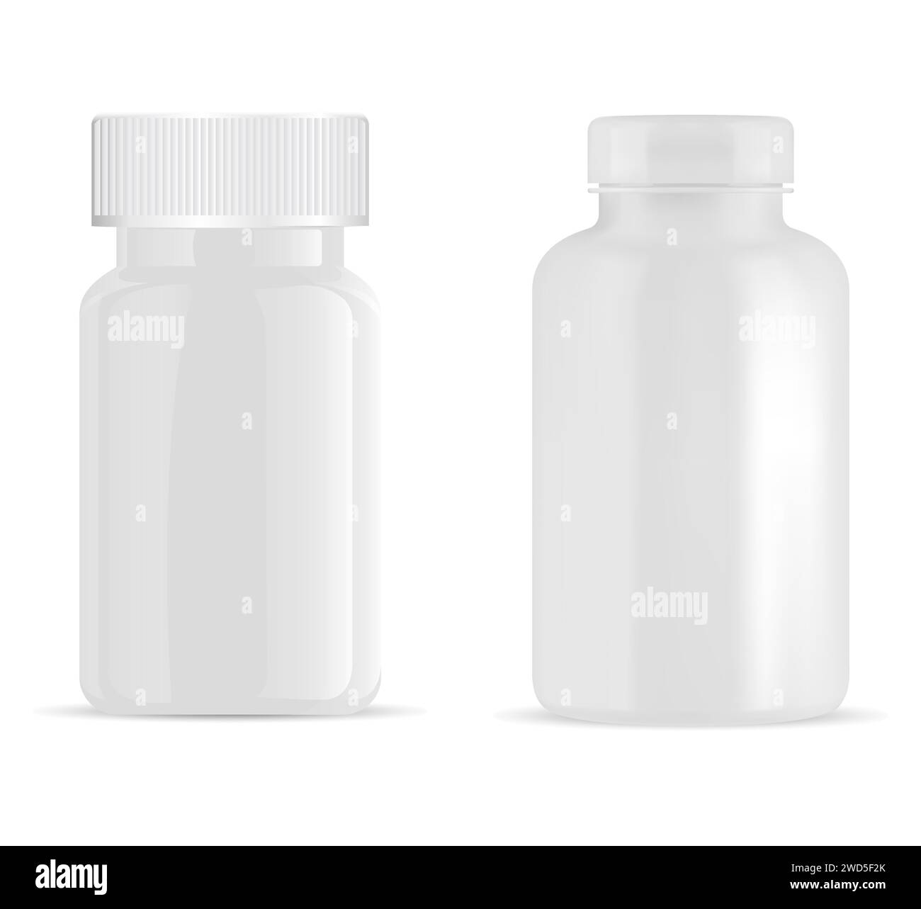 Medicine pill bottle mockup, realistic shiny vector blank. Isolated supplement jar with lid, plastic vitamin container template for pharmacy remedy pr Stock Vector
