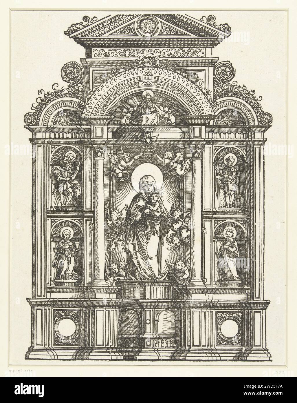Altar with Maria and Kind, Albrecht Altdorfer, c. 1506 - 1538 print An altar with Mary in the middle with the Christ child in a niche surrounded by six angels, two of which hold a crown over her head. In addition, the Holy Spirit and God the Father. On the left the Holy Christoffel and Mary Magdalena in a niche, on the right the Holy Florian and Saint Catharina. Germany paper  altar. Mary standing (or half-length), the Christ-child sitting on her arm (Christ-child to Mary's left). the virgin martyr Catherine of Alexandria; possible attributes: book, crown, emperor Maxentius, palm-branch, ring, Stock Photo