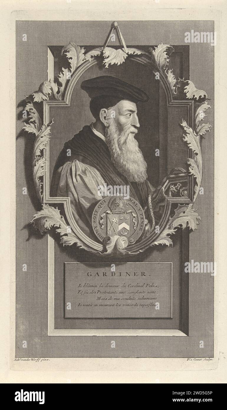 Portrait of Bishop Stephen Gardiner, Pieter van Gunst, After Adriaen van der Werff, c. 1669 - 1731 print Stephen Gardiner, bishop of Winchester and Lord Chancellor during the government period of Maria I. Under the print, his coat of arms. The print has a French poem about his life as a caption. Amsterdam paper engraving / etching Stock Photo