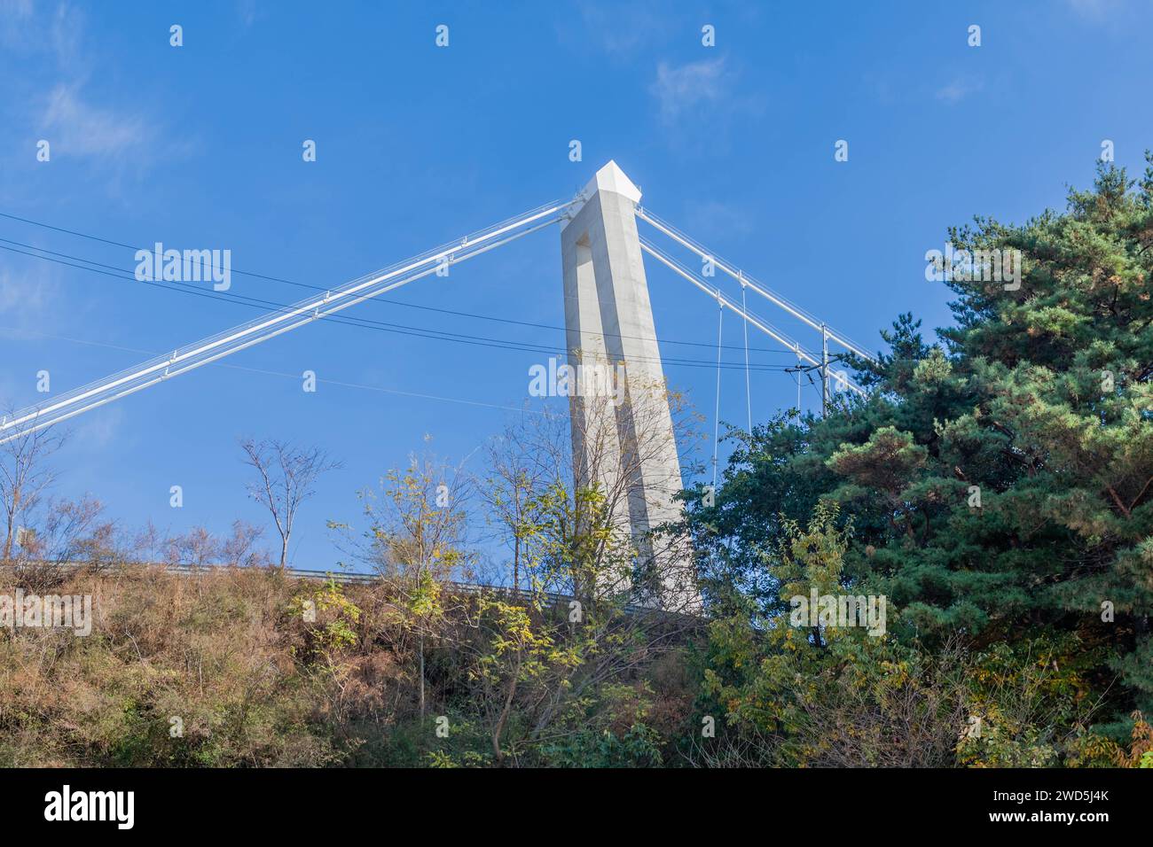 Pylons of suspension bridge on highway under blue sky, South Korea, South Korea Stock Photo