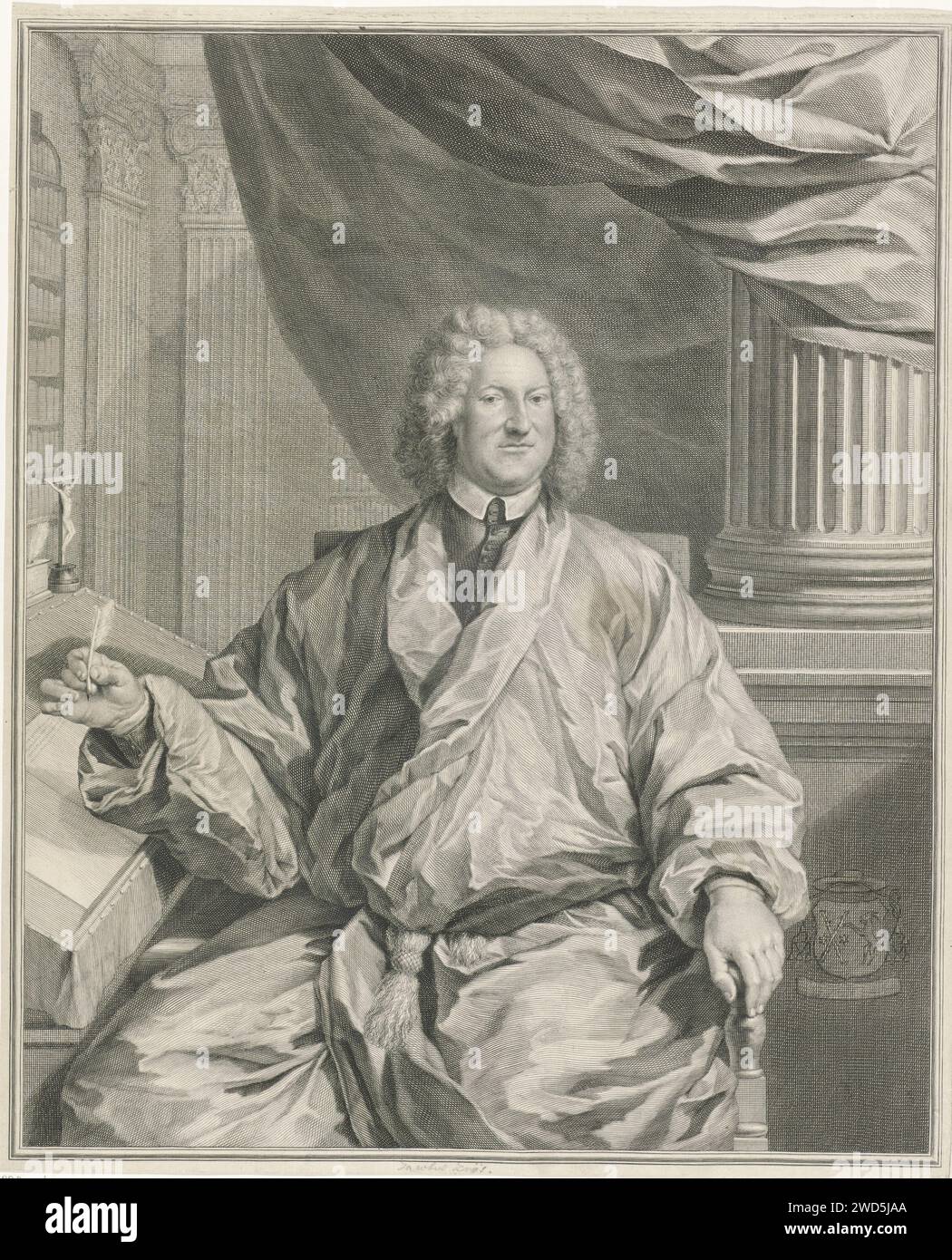 Portrait of Jacobus Ignatius Krijs, Jacob Houbraken, after Jan Wandelaar, 1724 - 1780 print Knee piece of Jacobus Ignatius Krijs sitting on a writing table on which a crucifix. In his hand a writing spring. Behind him a column and a curtain, behind it two pilasters and bookcases. To his right a church weapon. Amsterdam paper. pencil engraving crucifix  personal devotion. quill Stock Photo