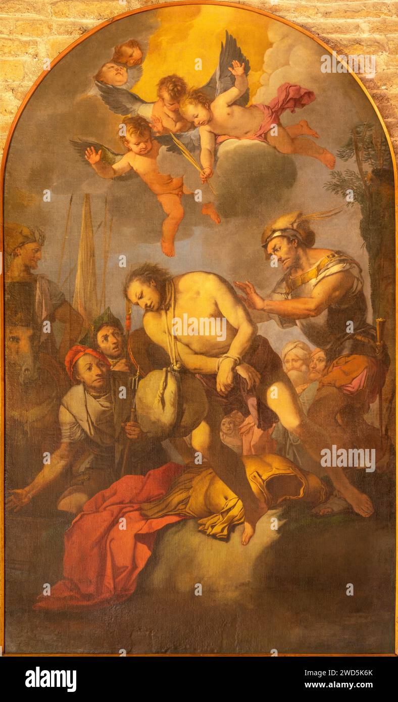 VICENZA, ITALY - NOVEMBER 6, 2023: The painting of Martyrdom of St. Florian in Basilica dei Santi Felice e Fortunato by unknown artist. Stock Photo