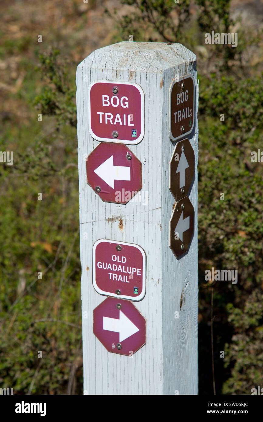 Trail junction sign, San Bruno Mountain State Park, California Stock Photo