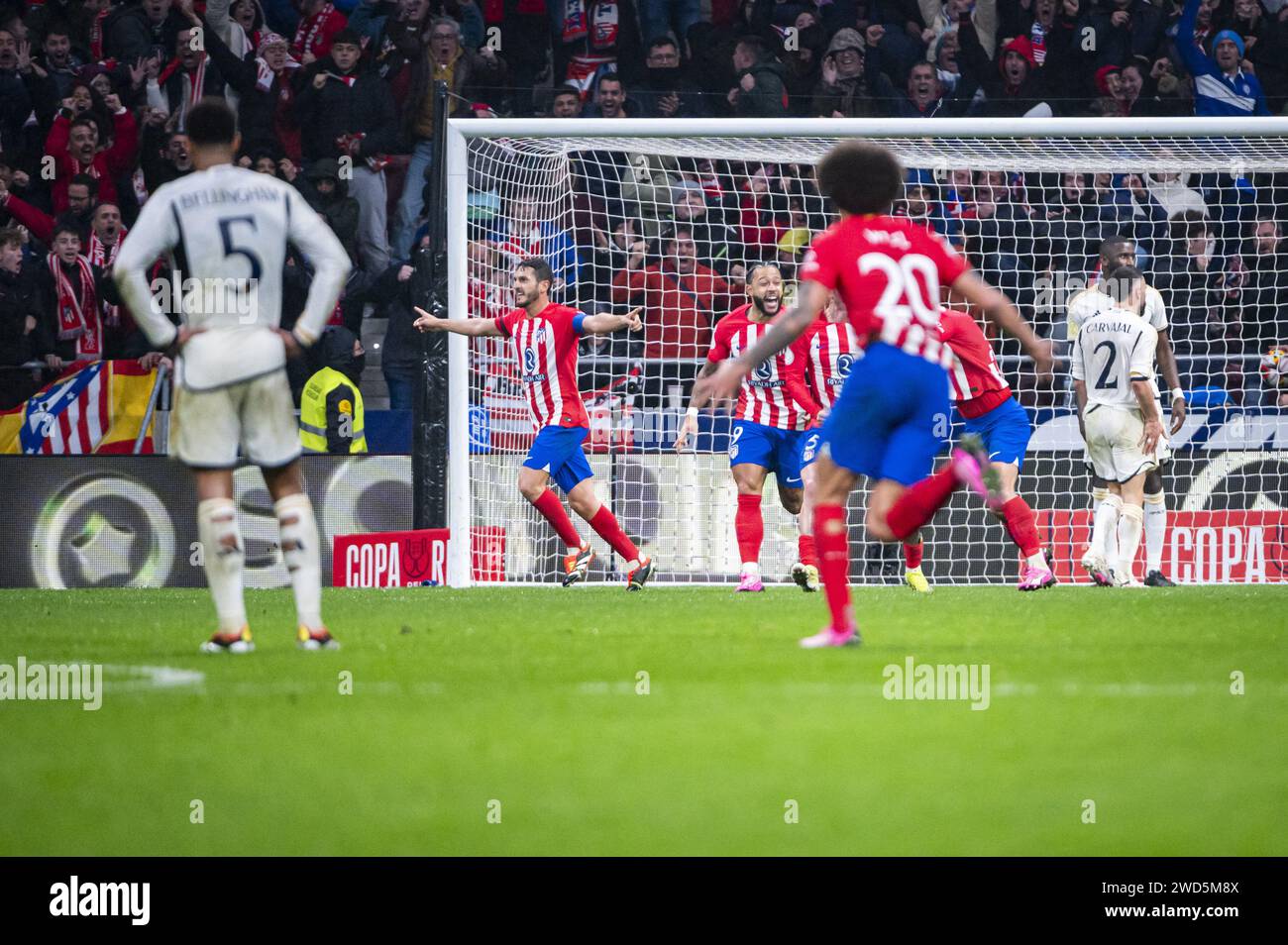 Madrid, Spain. 18th Jan, 2024. Antoine Griezmann of Atletico Madrid seen celebrating his goal with his teammates during the football match valid for the round of 16 of the Copa del Rey tournament between Atletico Madrid and Real Madrid played at Estadio Metropolitano in Madrid, Spain. Credit: Independent Photo Agency/Alamy Live News Stock Photo