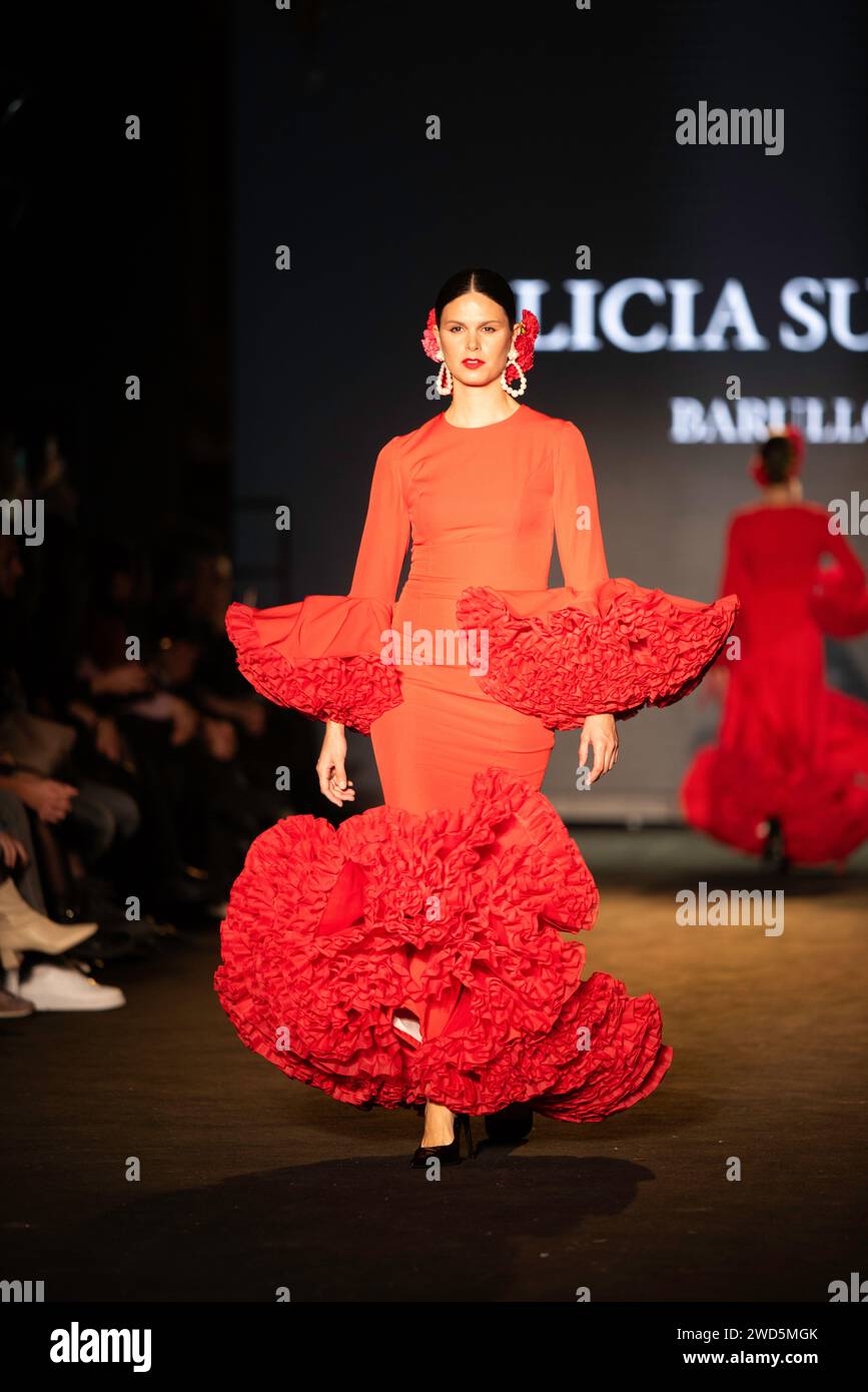 SEVILLA 19/01/2024/ ALICIA SUAREZ PRESENTO SU COLECCIÓN  DE TRAJES DE FLAMENCA EN XII edición de We Love Flamenc Stock Photo