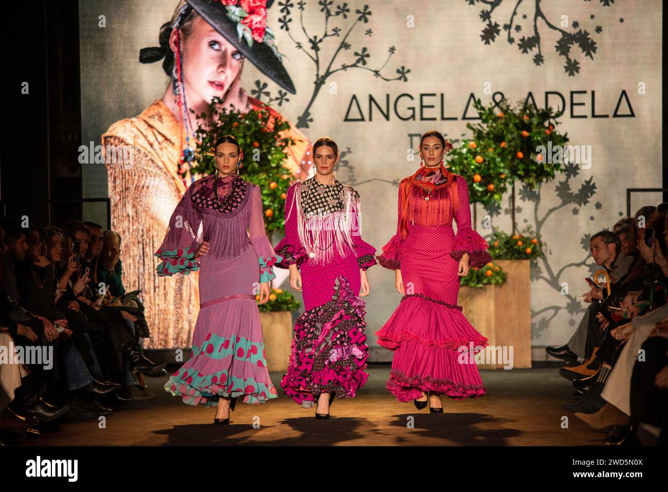 SEVILLA 19/01/2024/ ÁNGELA & ADELA  PRESENTÓ SU COLECCIÓN  DE TRAJES DE FLAMENCA EN XII edición de We Love Flamenco Stock Photo