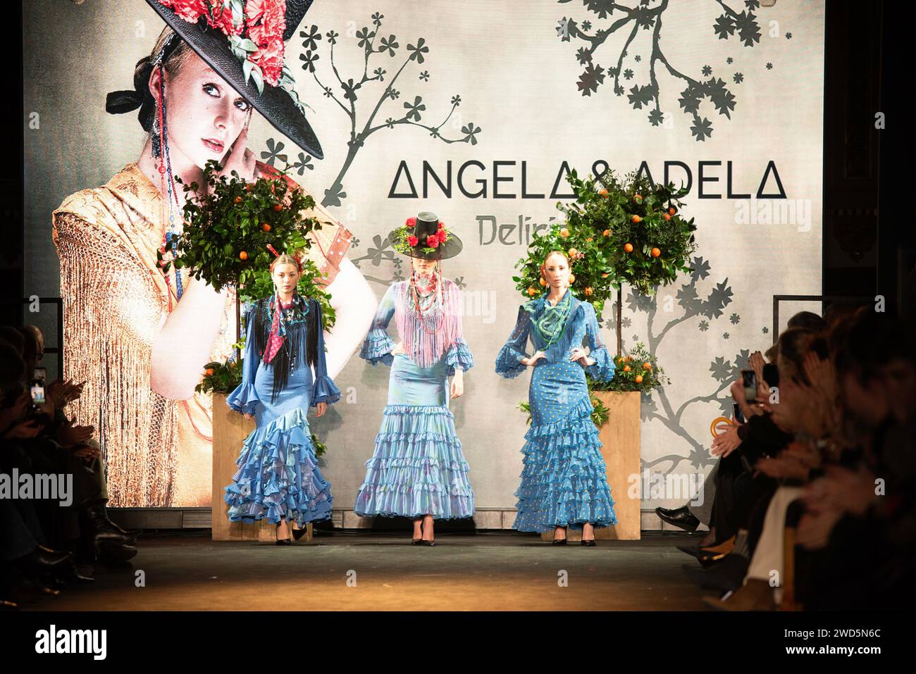 SEVILLA 19/01/2024/ ÁNGELA & ADELA  PRESENTÓ SU COLECCIÓN  DE TRAJES DE FLAMENCA EN XII edición de We Love Flamenco Stock Photo