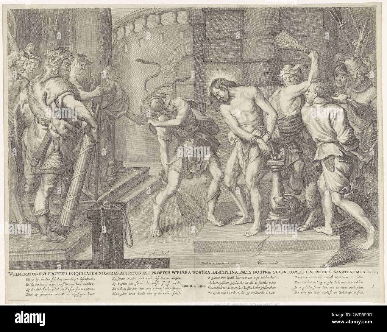 Scope, Anonymous, After Pieter de Bailliu (i), After Abraham van Diepenbeeck, After Erasmus Quellinus (ii), c. 1645 - 1702 print Christ, tied up to the scenel, is beaten by three men with rod and rope. Men watch left and right. Under the show the title in Latin, four four -line verses in Dutch and a reference to the Bible text in Isa. 53 and Joh. 19: 1. Amsterdam paper engraving flagellation by soldiers, Christ usually tied to a column (Matthew 27:26; Mark 15:15; John 19:1) Stock Photo