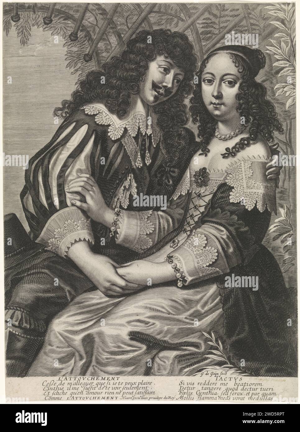Feeling, Guilliam de Gheyn, 1620 - 1650 print A noble couple under a rose arch. The man holds the woman's hand and leans forward. The woman holds the man's upper arm. Paris paper engraving feeling (one of the five senses) (+ two persons). couple of lovers. garden ornaments Stock Photo