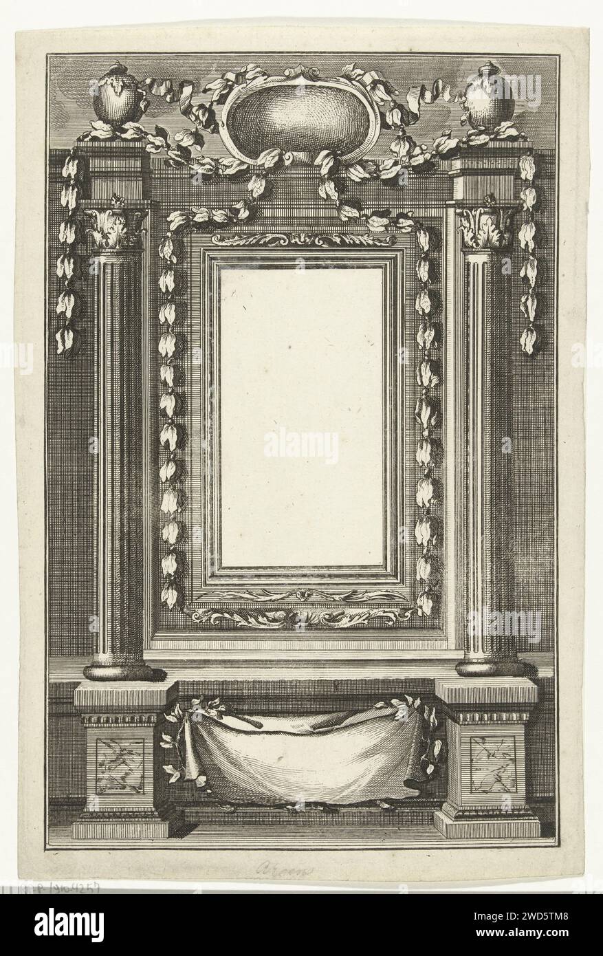 Frame, Gaspar Bouttats, 1650 - 1695 print Frame of a rectangular portrait. The portrait list is decorated with leaves. Two Corinthian columns flank the list. Antwerp paper etching Corinthian order  architecture Stock Photo
