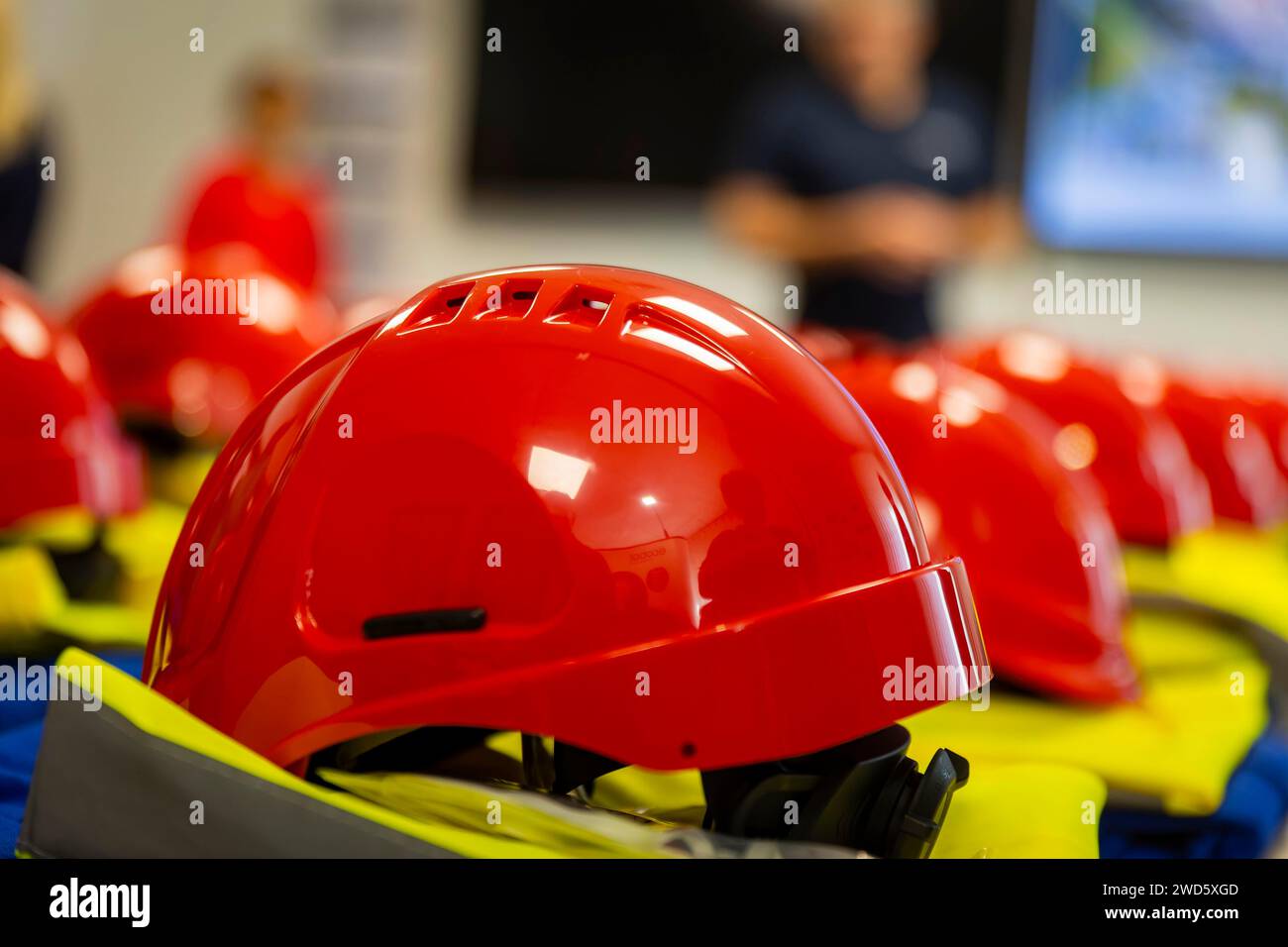 Health and safety equipment for a factory tour at Ecobat Resources Freiberg, Freiberg, Saxony, Germany Stock Photo